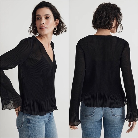 Madewell Blouse Pleated Flare-Sleeve Top Semisheer Black XXS NWT New - Picture 2 of 14